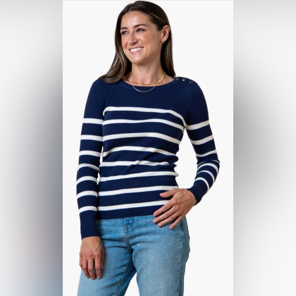 Hope & Henry Navy/White Striped Ribber Crewneck Button Shoulder Sweater Small